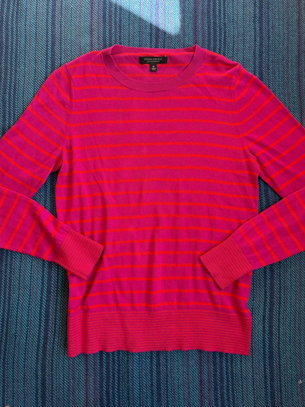 Banana Republic Silk & Cashmere Hot Pink & Red Striped Crewneck Sweater